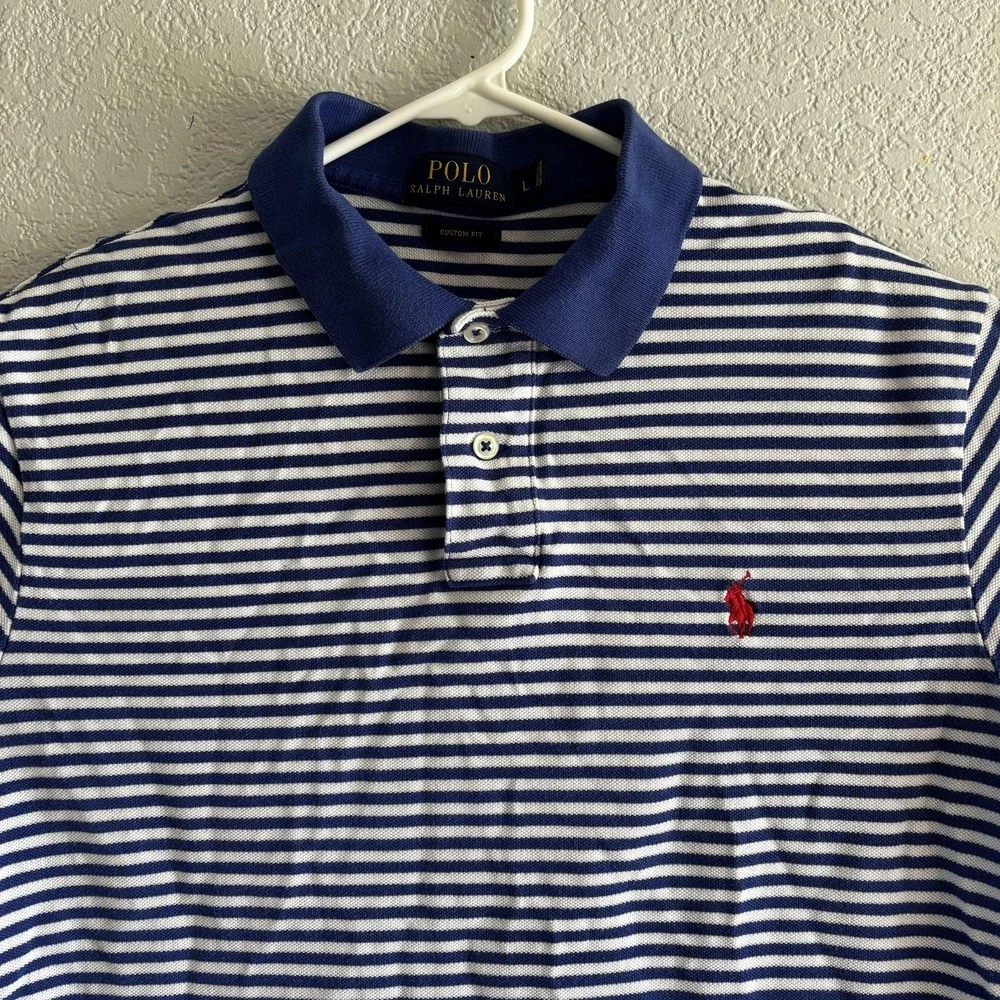 Polo Ralph Lauren Polo Shirt Mens Large Blue Striped Custom Fit Preppy